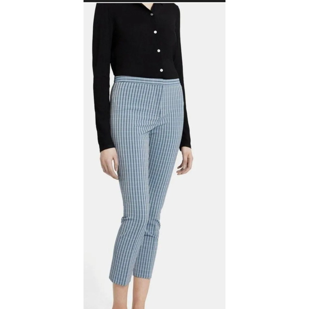 Theory Womens Blue Black Grid Print Cropped Slim Ankle Trousers Size 6 NEW